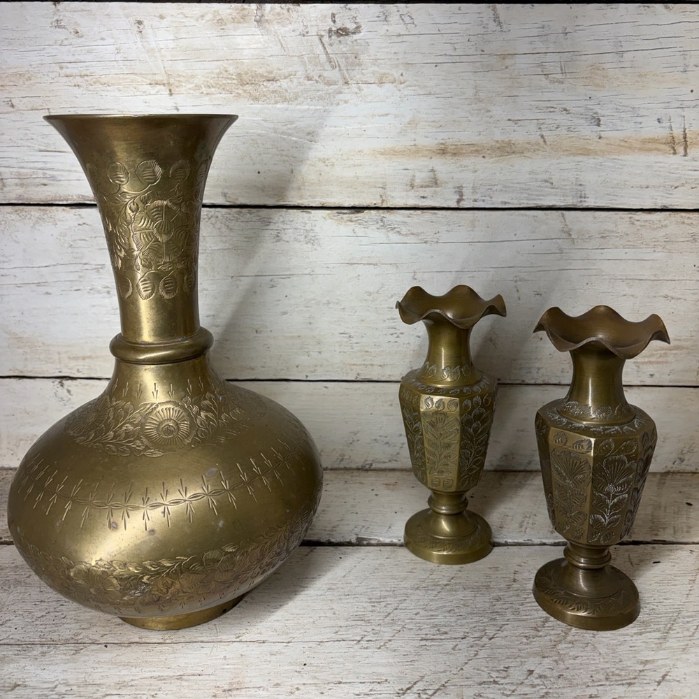Set of 3 vintage hand etched heavy brass vases made in India